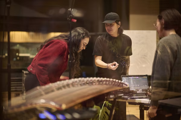 Andy Chia and Natalie Tse in Massey's recording studios with Dr Rachael Hall.