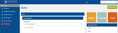 Screenshot of student portal with Scholarships menu selected
