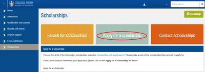 Screenshot of scholarships section in student portal with Apply for scholarships circled