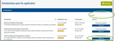 Screenshot of scholarships section in student portal with apply circled