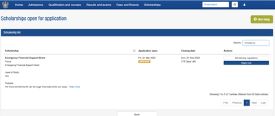 Locate "Emergency Financial Support Grant" in the list