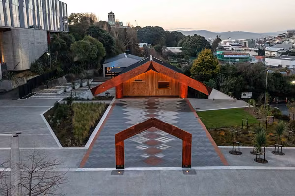 Te Rau Karamu Marae on the Pukeahu campus during sunset