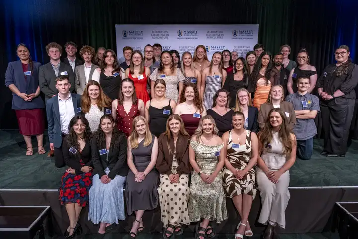 A large group of third-year agriculture students posing for a photo at the Massey Agriculture Awards.