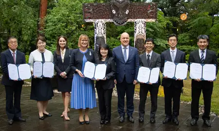 Shelley Turner, Prime Minister Christopher Luxon and reps from Japanese girls' high schools.