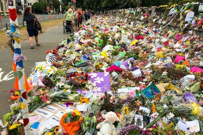 Wall of flowers following Christchurch Mosque attack.