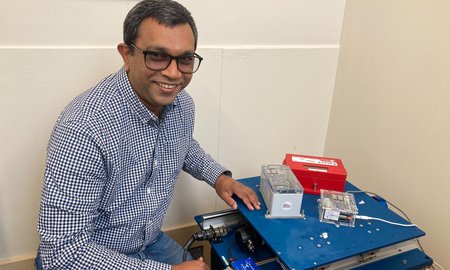 Dr Raj Prasanna with low-cost seismic sensors