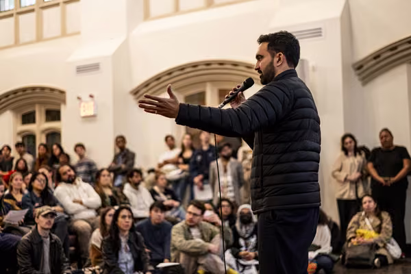 Zohran Mamdani speaking at a DSA 101 meeting at the Church of the Village in New York City..
