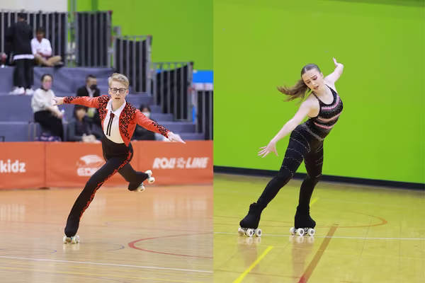Montage of male and female performing on roller skates
