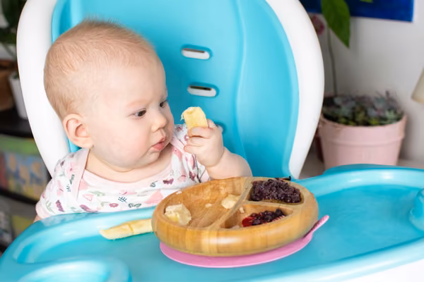Image shoes infant sitting in a high chair eating a banana with mashed black beans and blueberries in a wooden bowl.
