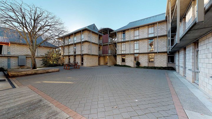 Exterior of City and Egmont Court accommodation with a paved courtyard, and seating under a deciduous tree, in the foreground