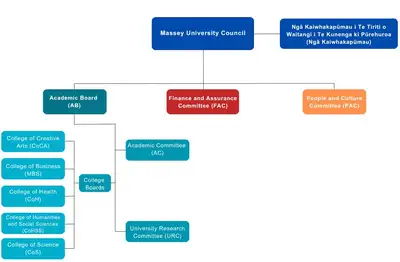 The Massey University Council is made up of Finance Assurance Committee, People and Culture Committee, and Academic Board. Academic Board is made up of Academic Committee and University Research Committee. These committees are made up of college boards.