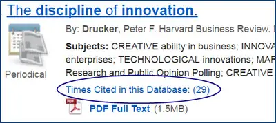 View of an article in a database with a link for times cited in this database.