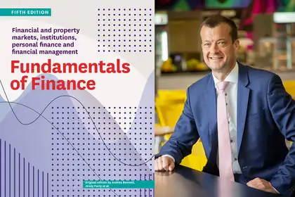 Cover page of Fundamentals of Finance textbook alongside an image of Professor Hamish Anderson