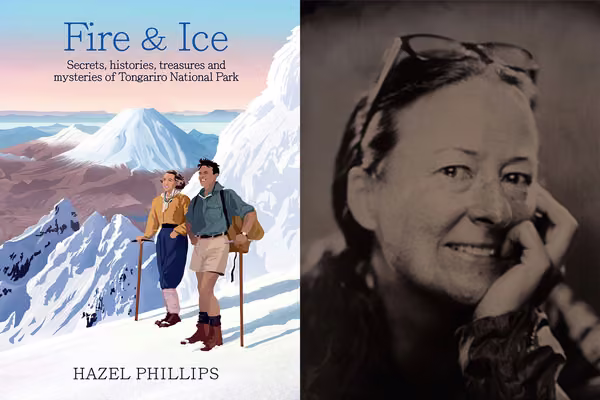 Montage of a book cover with carton people on a mountain next to a portrait of a woman looking at the camera