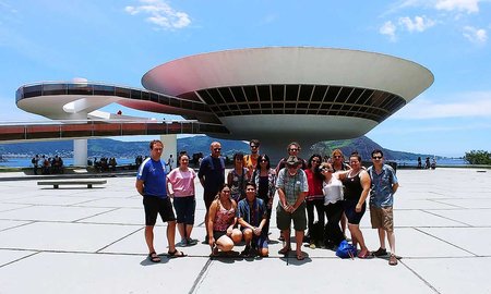 Massey students on the Prime Minister’s Scholarship to Latin America, pictured at Niterói Contemporary Art Museum in Rio de Janeiro. Photo credit: Sergio Alvarez