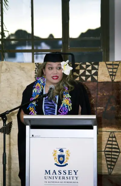 Angie Enoka giving the Vote of Thanks at a Pasifika graduation ceremony.