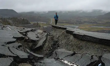 Torn up road following an earthquake