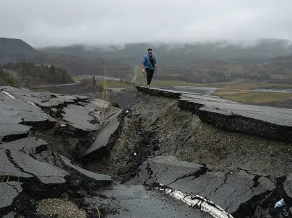 Torn up road following an earthquake