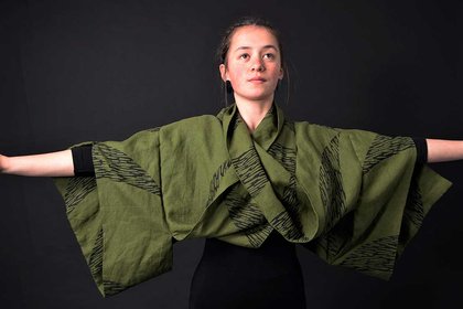 A garment from Te Kākahu ō Te Kaikaranga by Massey PhD student Erana Kaa.