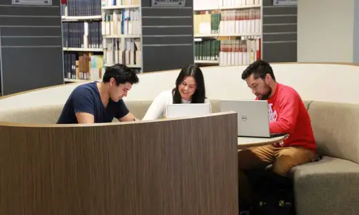 Three students sitting in a semi-circle, using laptops while studying, with bookshelves in the background