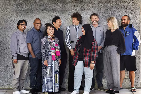 From left: Dr Jony Yulianto, Michael Esop and Dr Minh Hieu Nguyen, Professor James H. Liu and Professor Stuart C. Carr, Nuke Martiarini, Professor Darrin Hodgetts, Dr Veronica Hopner and Dr Pita King.