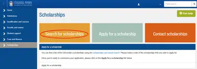 Screenshot of scholarships section in student portal with Search for scholarships circled