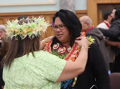 Dr Hana Tuisano embraces Associate Professor Siautu Alefaio-Tugia at the Parliament-held book launch for Siautu in June 2023.