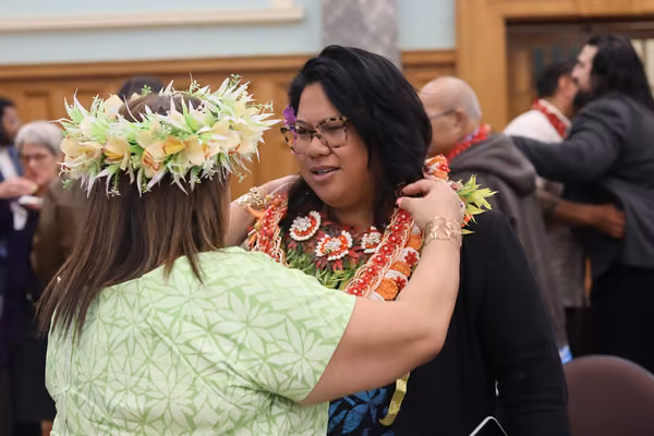 Dr Hana Tuisano embraces Associate Professor Siautu Alefaio-Tugia at the Parliament-held book launch for Siautu in June 2023.