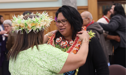 Dr Hana Tuisano embraces Associate Professor Siautu Alefaio-Tugia at the Parliament-held book launch for Siautu in June 2023.