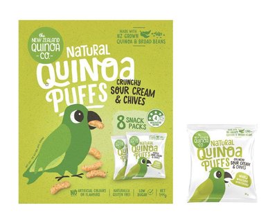 Graphic image of bag of quinoa puffs with cartoon kea on the front holding a puff in its mouth.